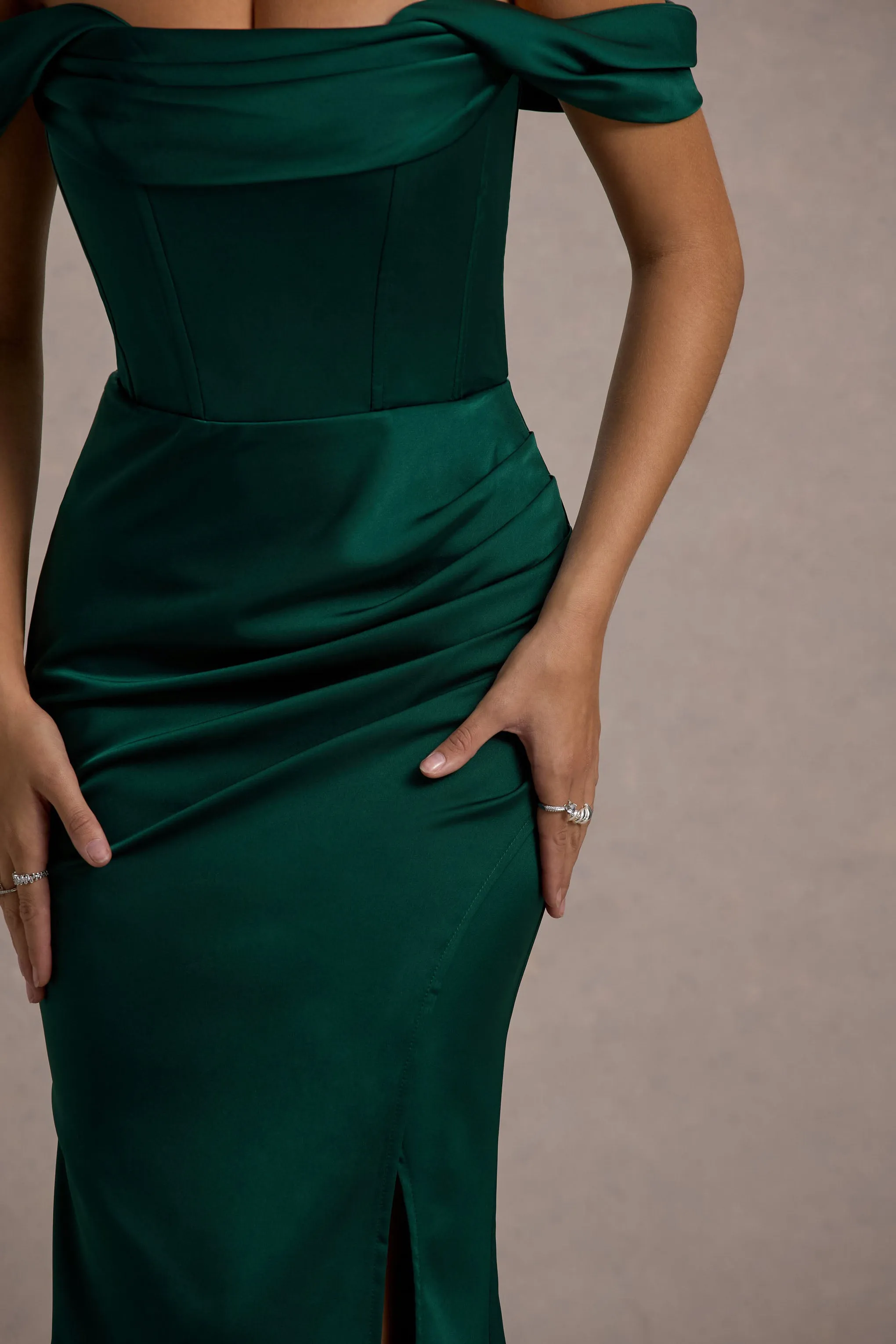 Kimberly | Bottle Green Bardot Fishtail Satin Maxi Dress