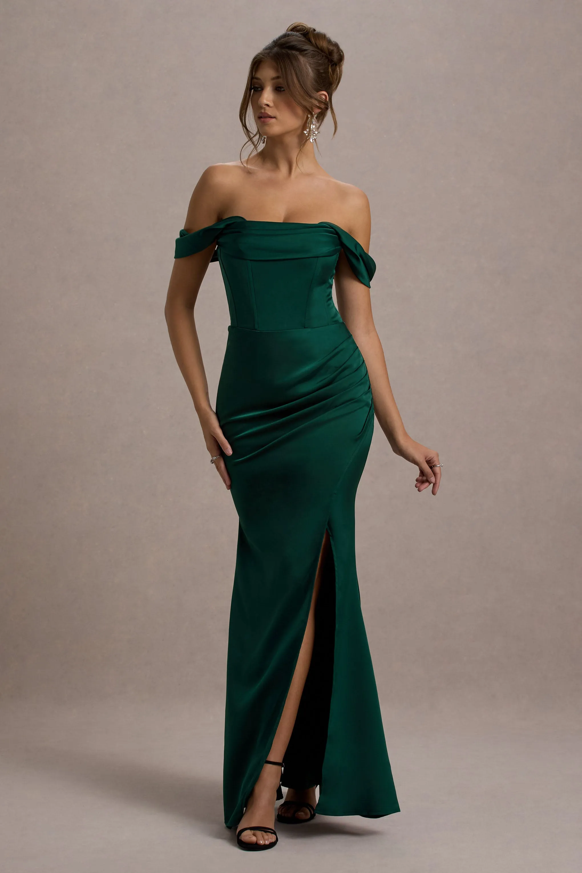 Kimberly | Bottle Green Bardot Fishtail Satin Maxi Dress