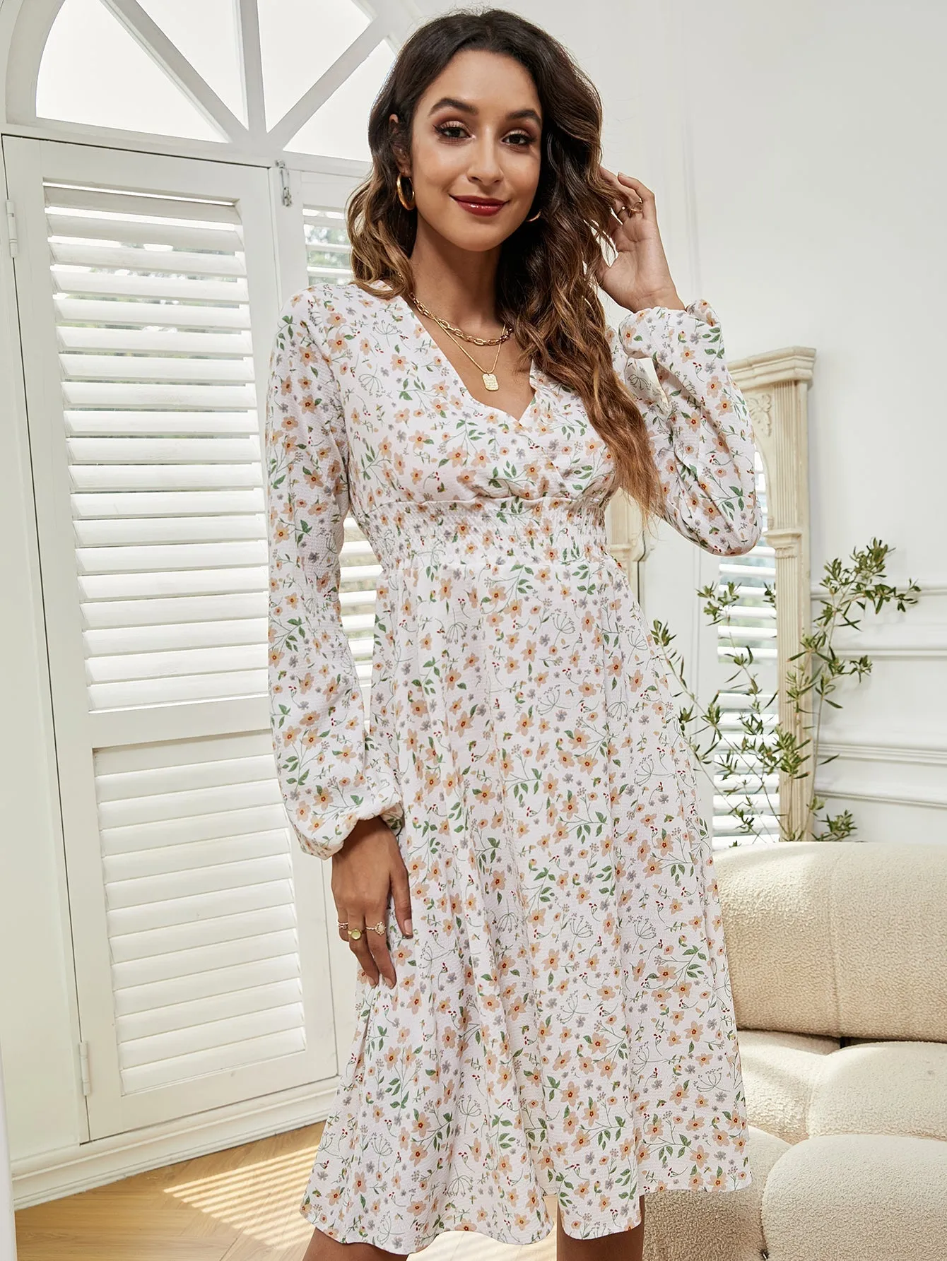 KittenAlarm - Women V Neck Elastic Waist Floral Print Long Sleeve Maxi Dress