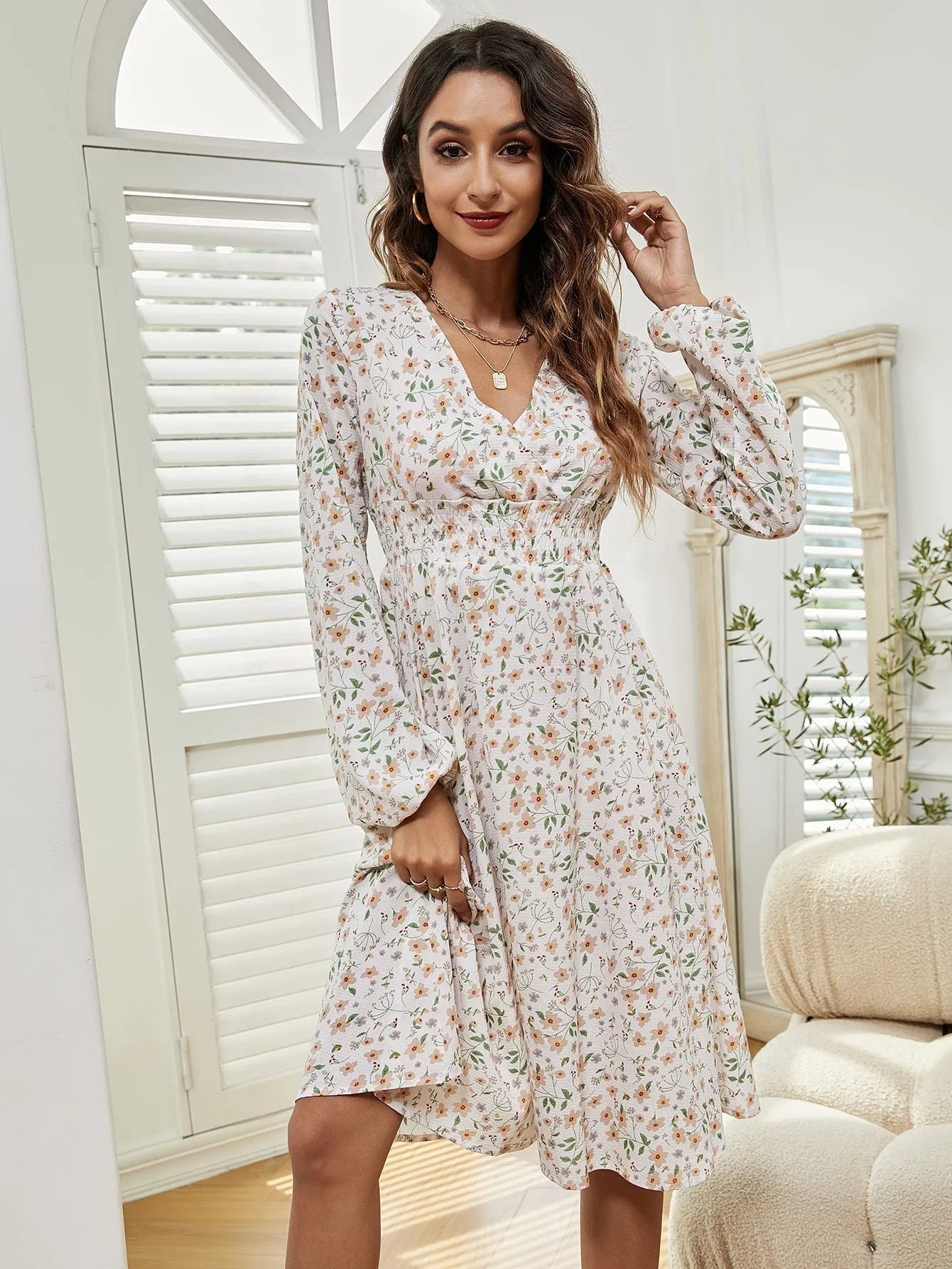 KittenAlarm - Women V Neck Elastic Waist Floral Print Long Sleeve Maxi Dress