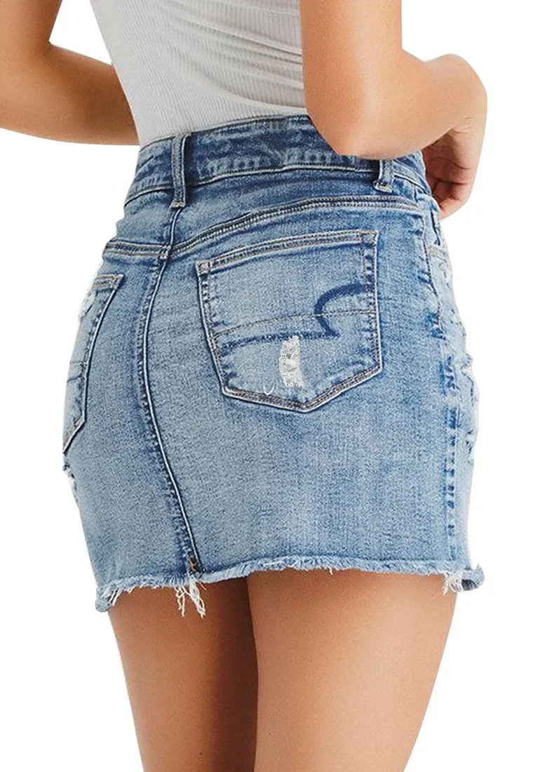 Light Blue Frayed Raw Hem Ripped Denim Mini Skirt