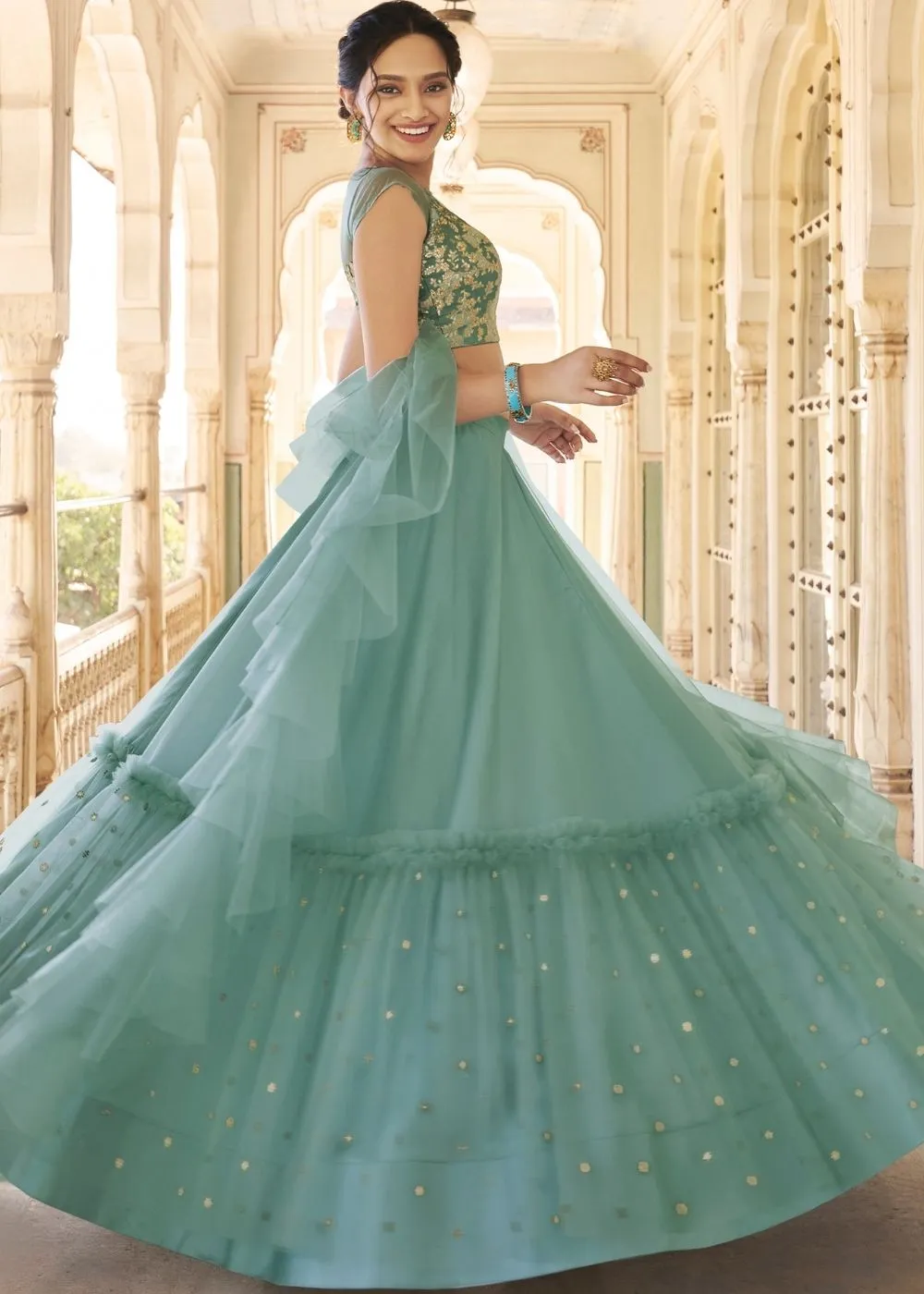 Light Teal Blue Net Frilled Designer Lehenga :Top Pick