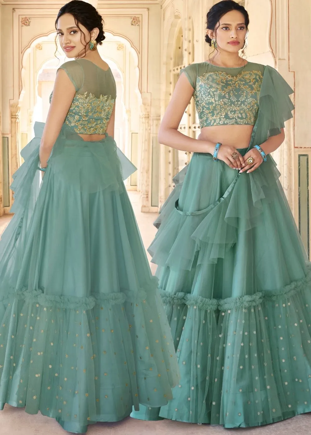 Light Teal Blue Net Frilled Designer Lehenga :Top Pick