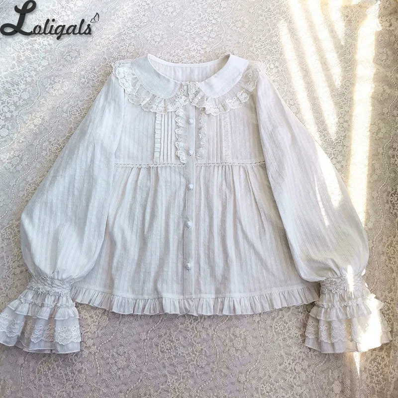 Long Sleeve Lolita Blouse White Cotton Top for Women