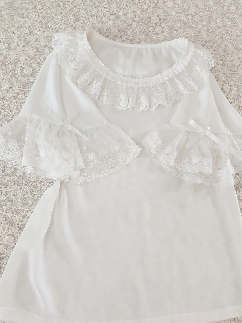 Lovely Ruffled Chiffon Top Round Neck Short Sleeve Blouse