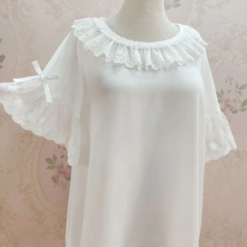 Lovely Ruffled Chiffon Top Round Neck Short Sleeve Blouse