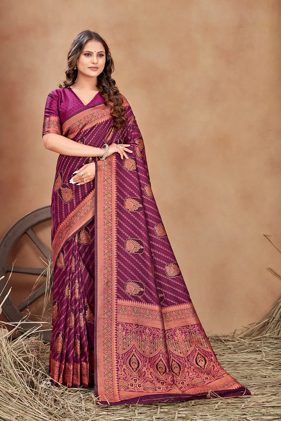 Magenta Color Satin Silk Contemporary Saree