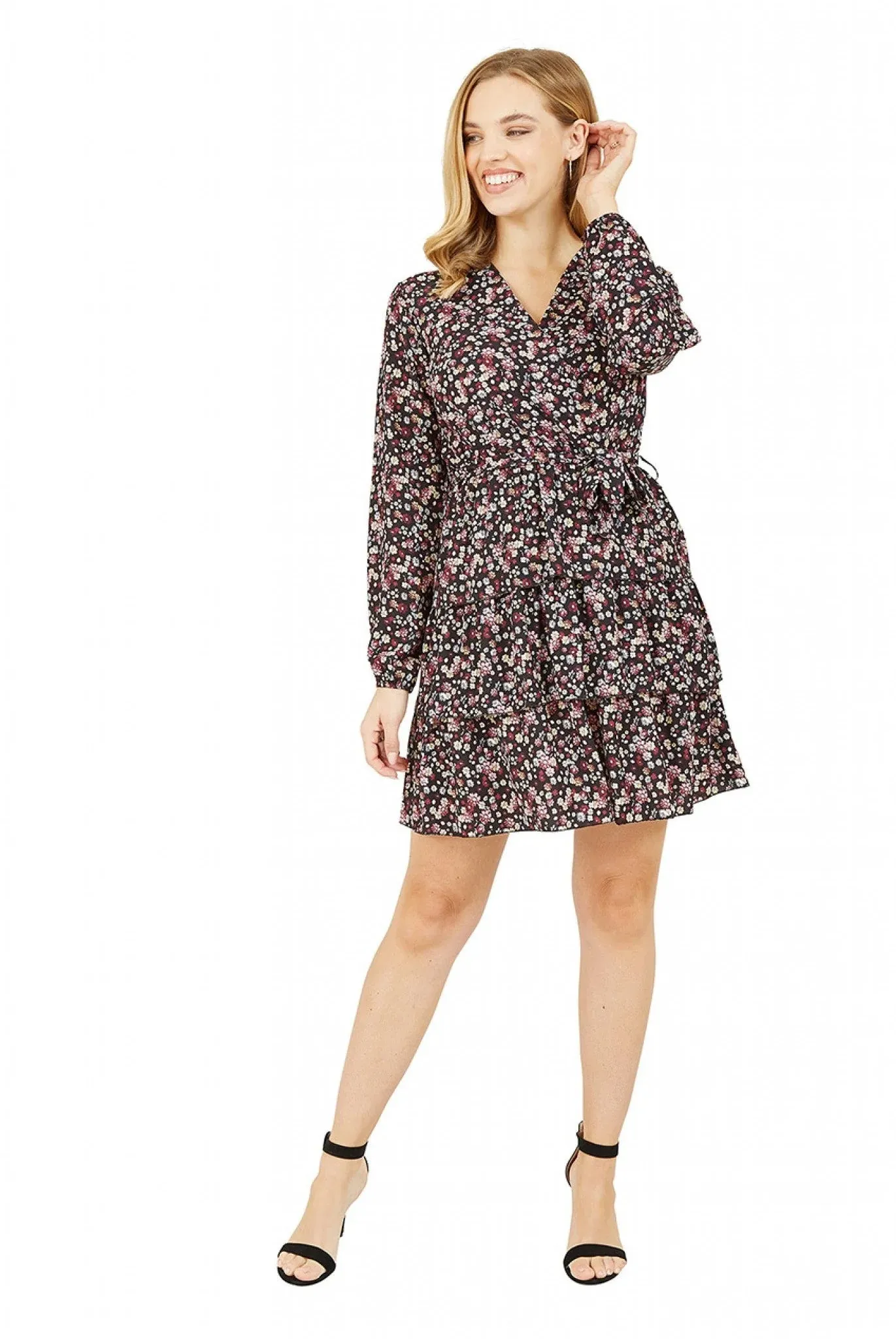 Mela London Mela Black Ditsy Flower Wrap Frill Dress