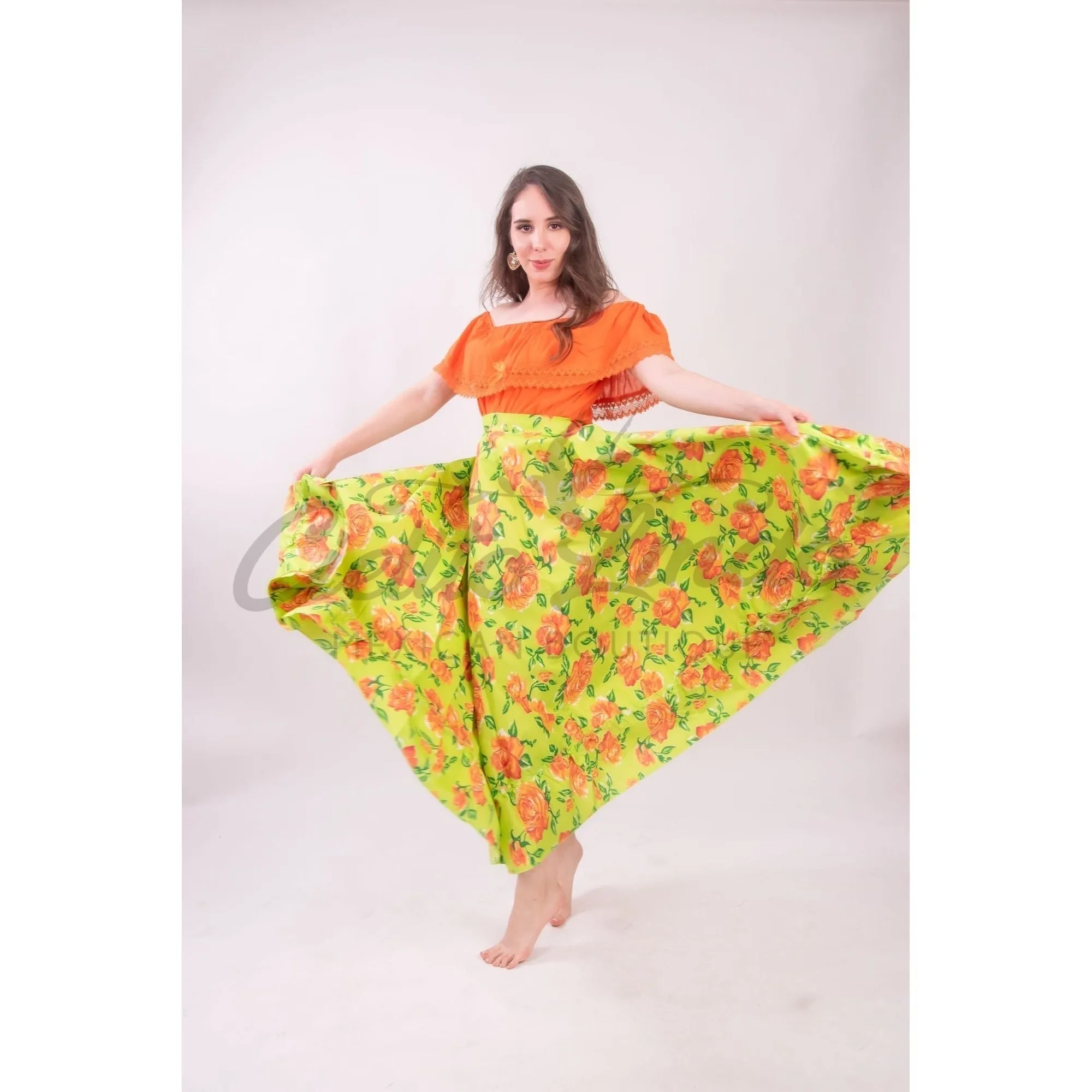 Mexican Folklorico Green Floral Skirt