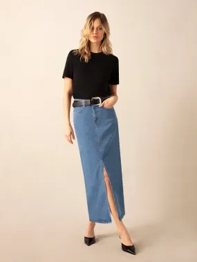 Mid Wash Blue Denim Midaxi Skirt