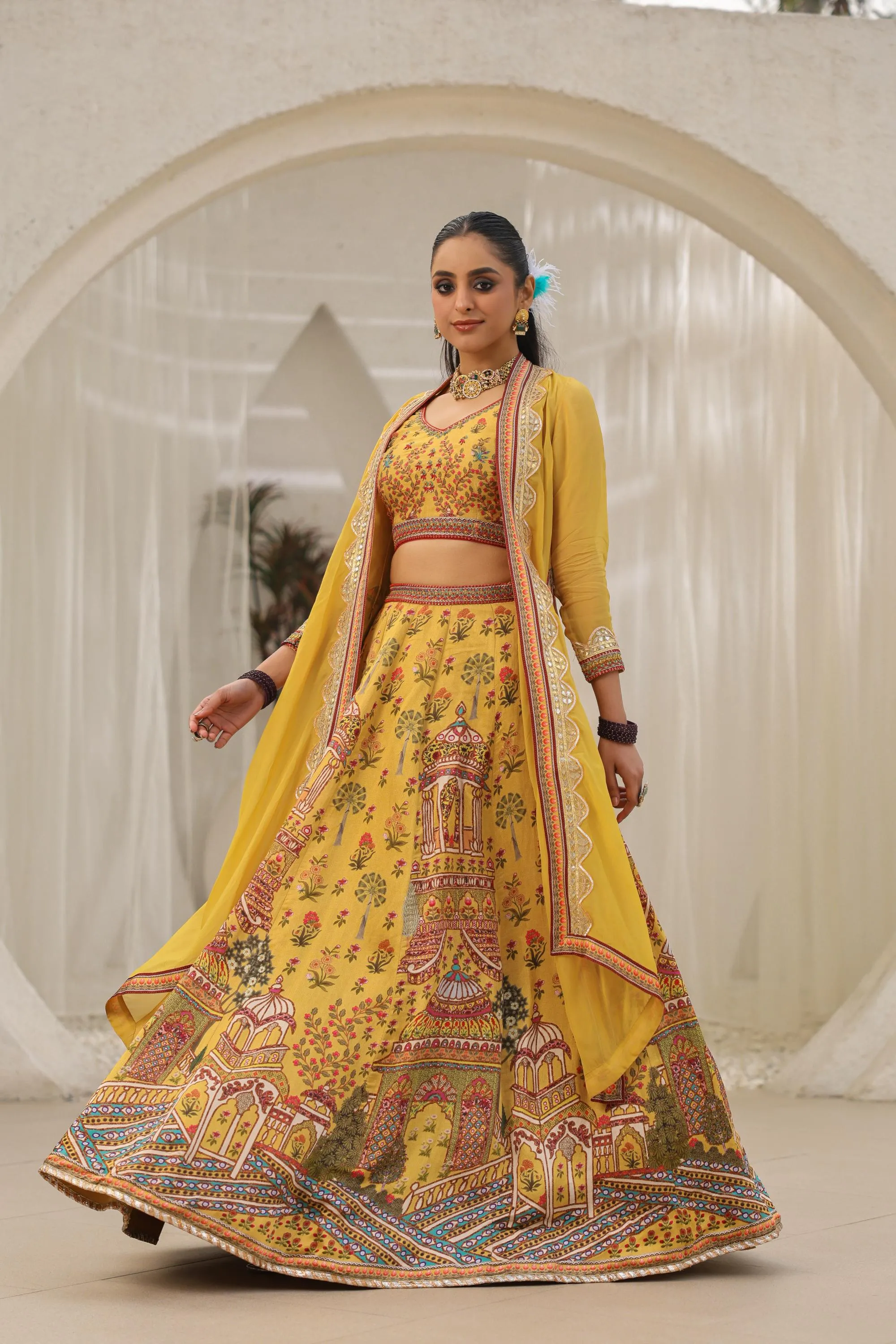 Mustard Yellow Traditional Printed Cape Lehenga Set