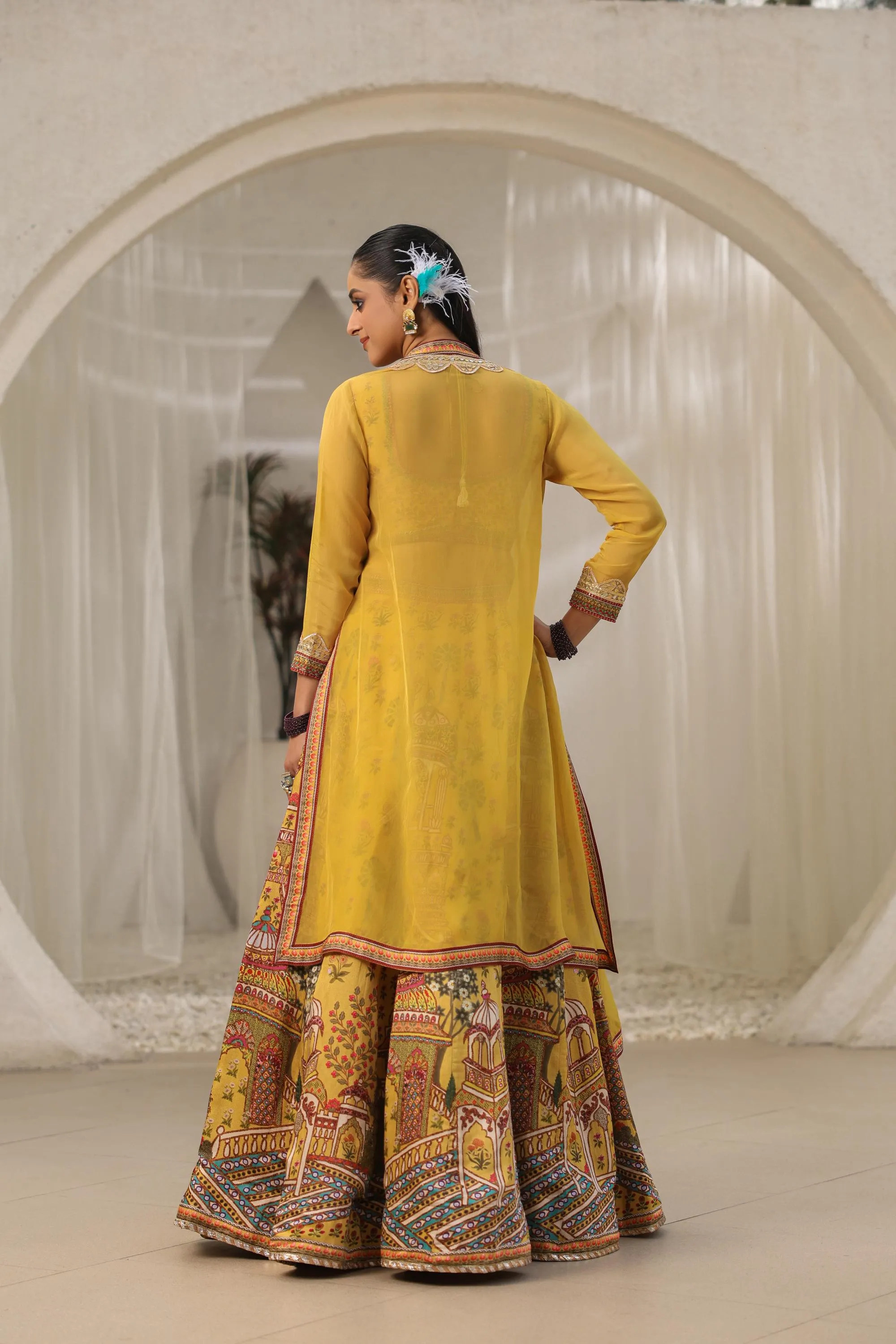 Mustard Yellow Traditional Printed Cape Lehenga Set