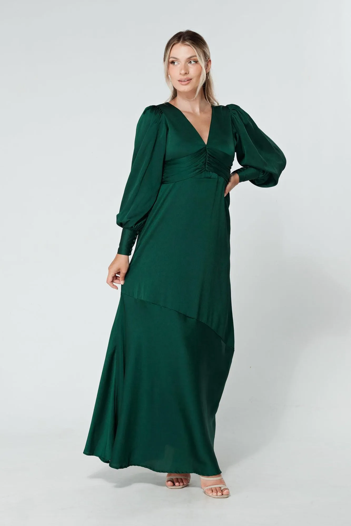 Naomi Dark Green Light Satin-Crepe Maxi Dress With Long Sleeves