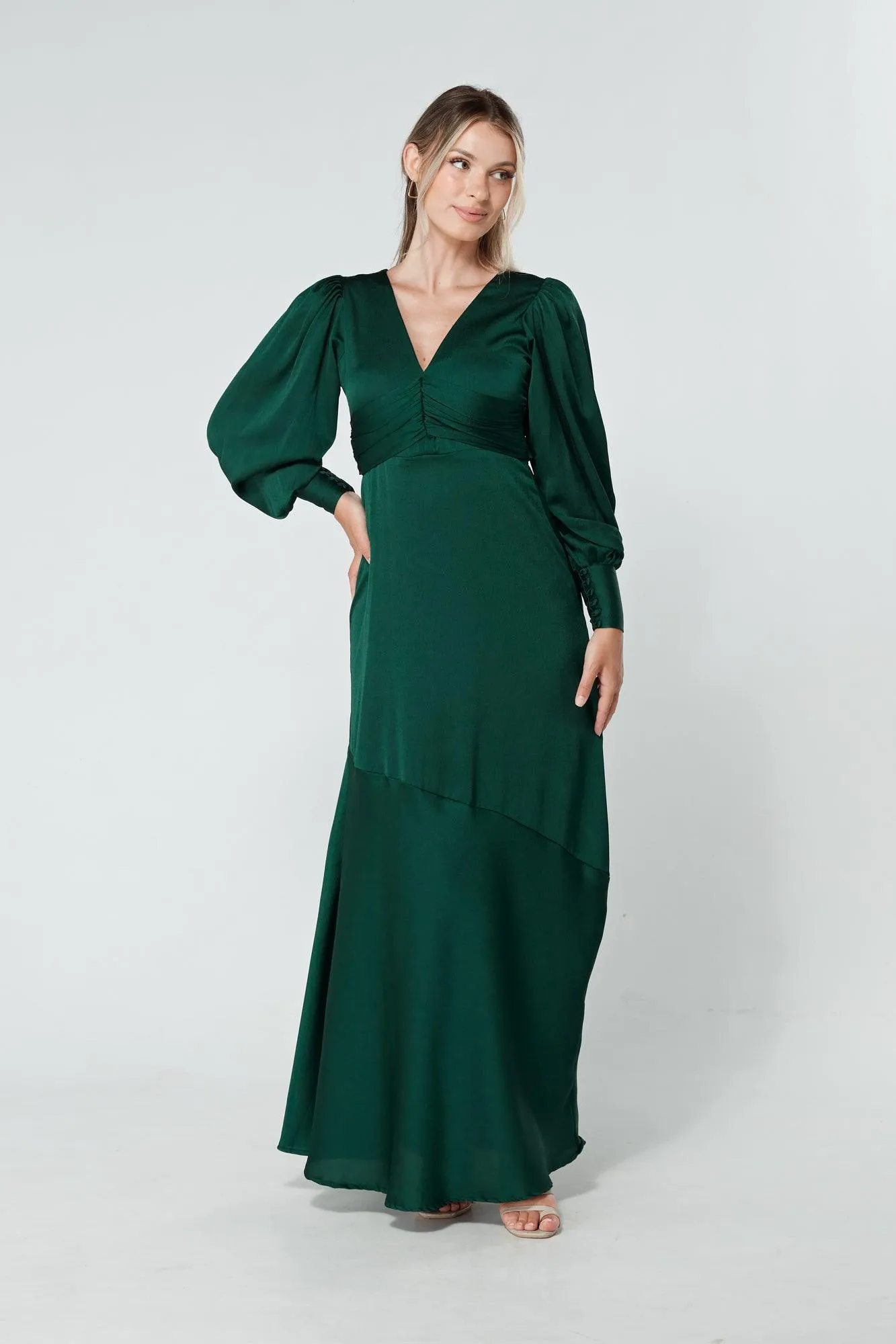 Naomi Dark Green Light Satin-Crepe Maxi Dress With Long Sleeves