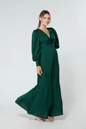 Naomi Dark Green Light Satin-Crepe Maxi Dress With Long Sleeves