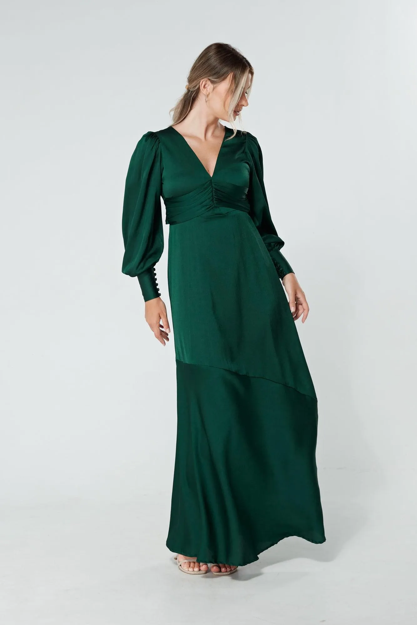 Naomi Dark Green Light Satin-Crepe Maxi Dress With Long Sleeves