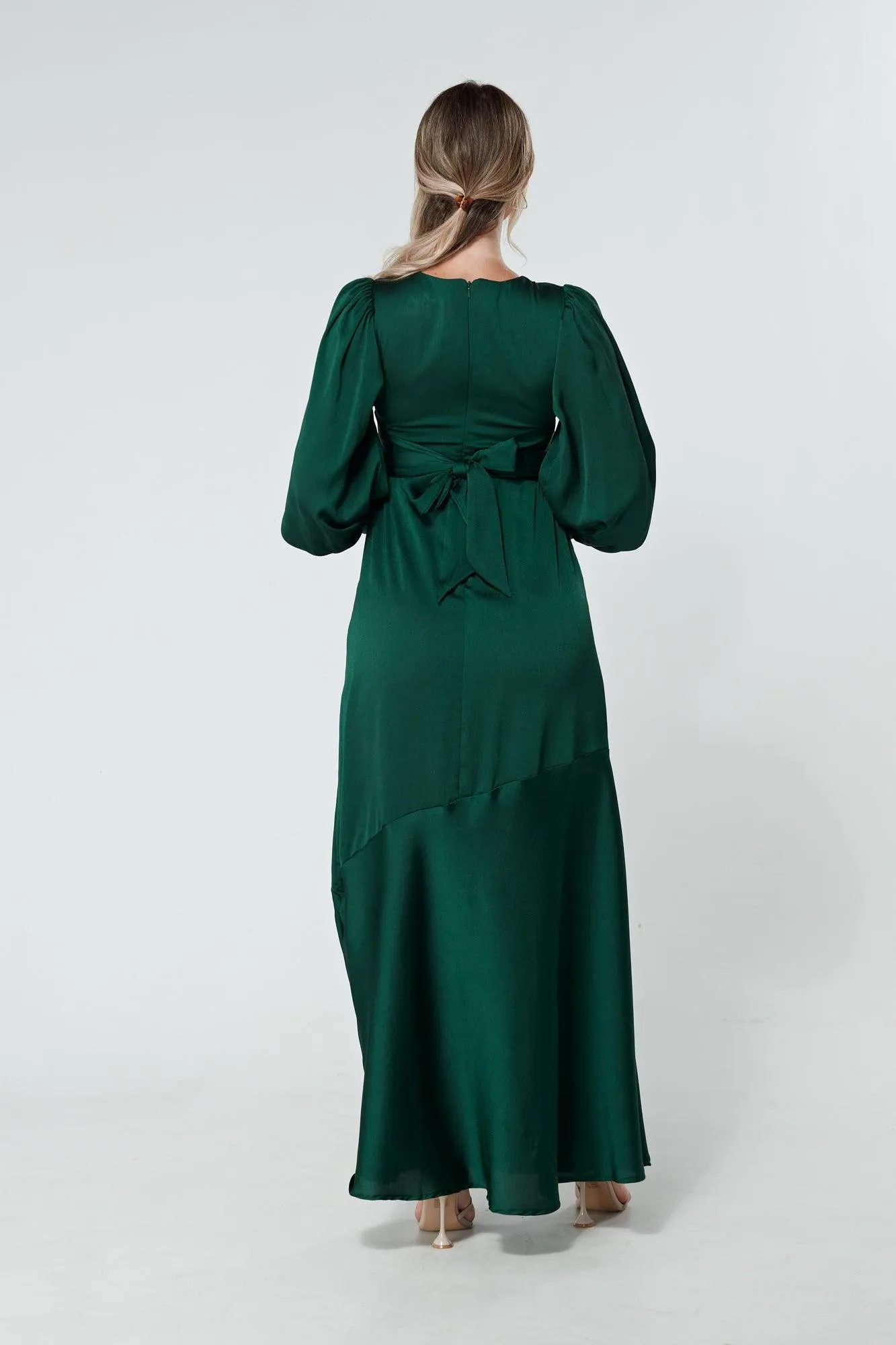 Naomi Dark Green Light Satin-Crepe Maxi Dress With Long Sleeves