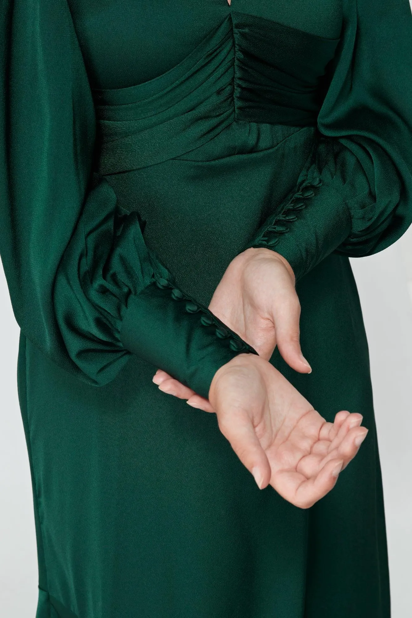 Naomi Dark Green Light Satin-Crepe Maxi Dress With Long Sleeves