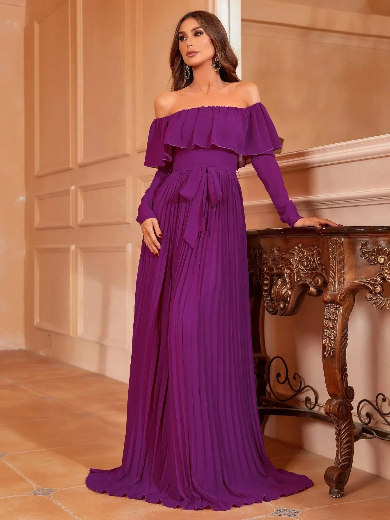 Off Shoulder Pleated Chiffon Belted Dress