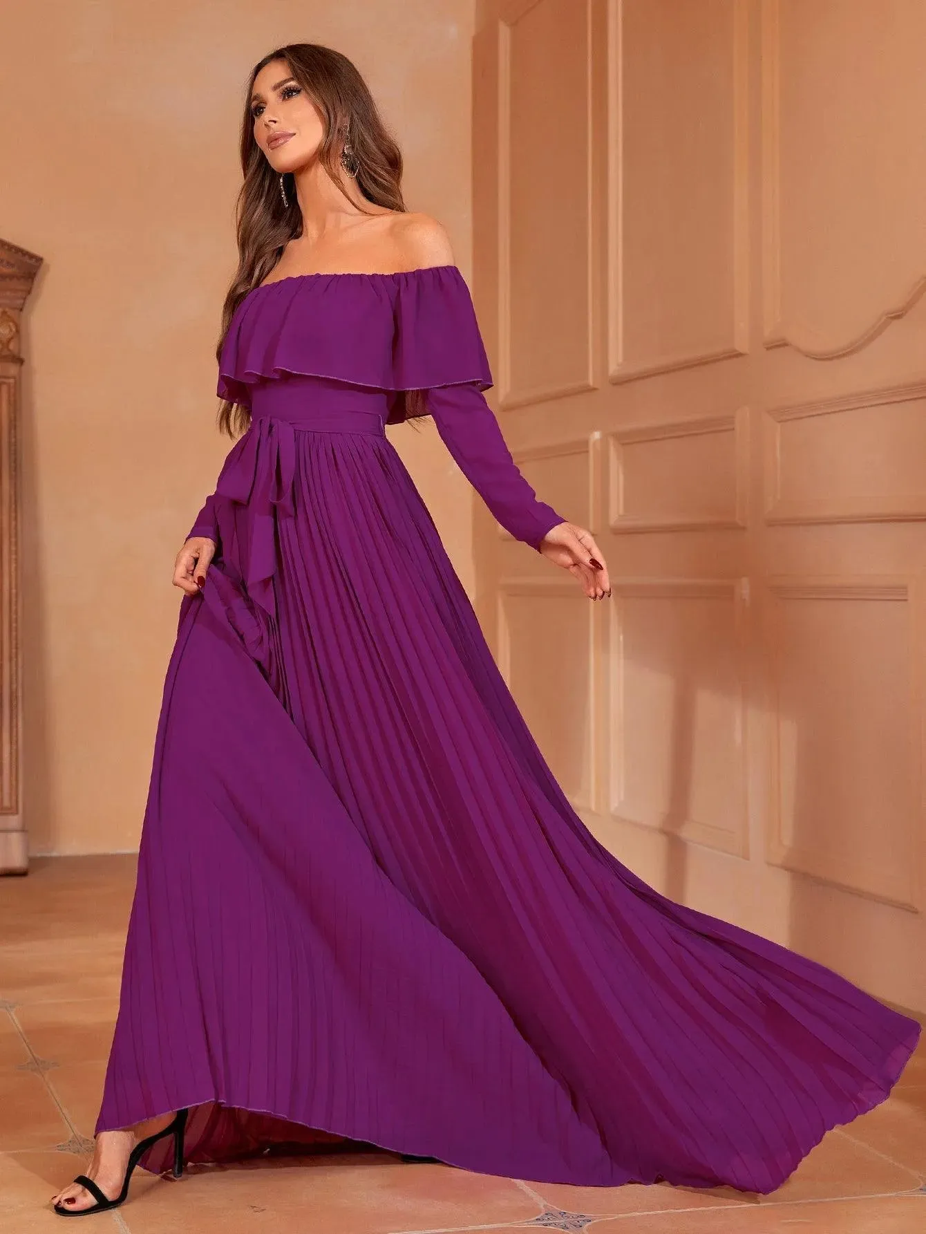 Off Shoulder Pleated Chiffon Belted Dress