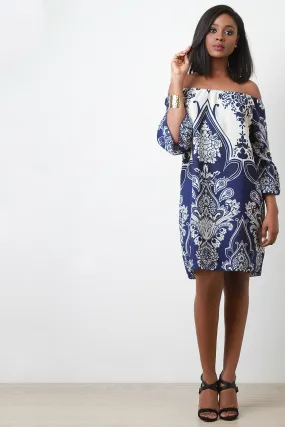 Off The Shoulder Floral And Paisley Print Shift Dress