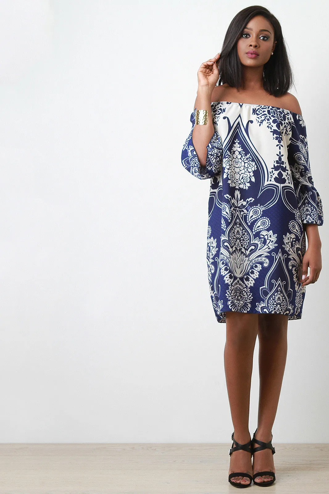 Off The Shoulder Floral And Paisley Print Shift Dress