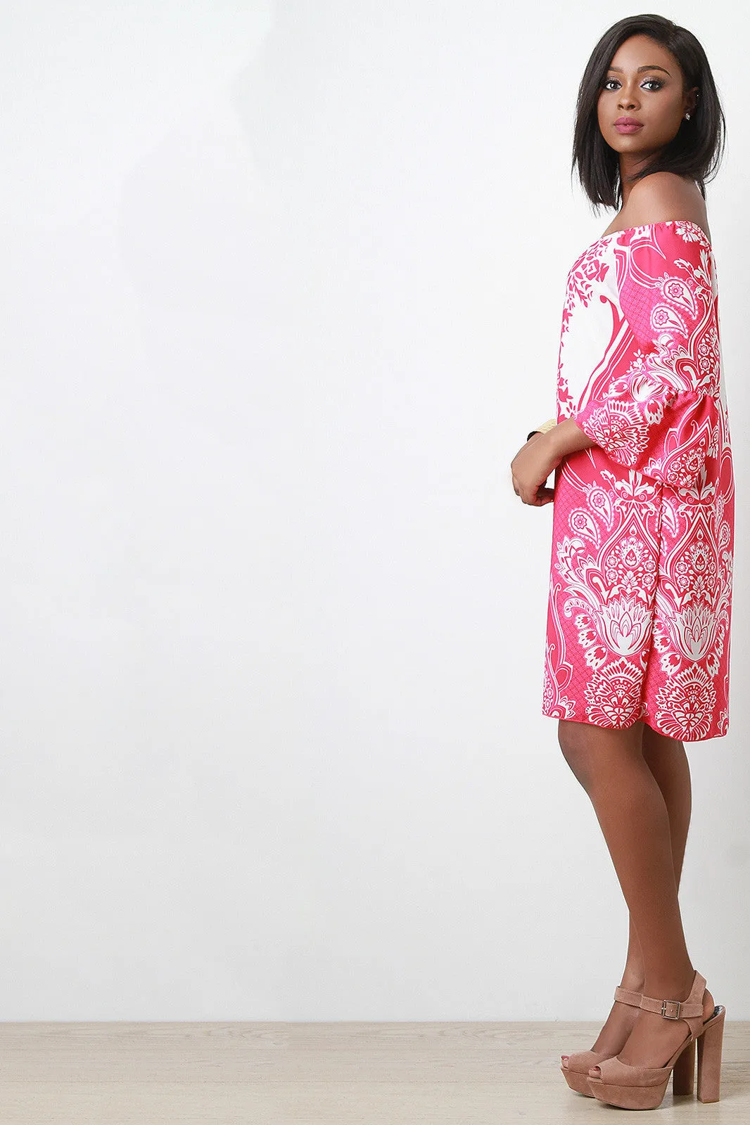 Off The Shoulder Floral And Paisley Print Shift Dress