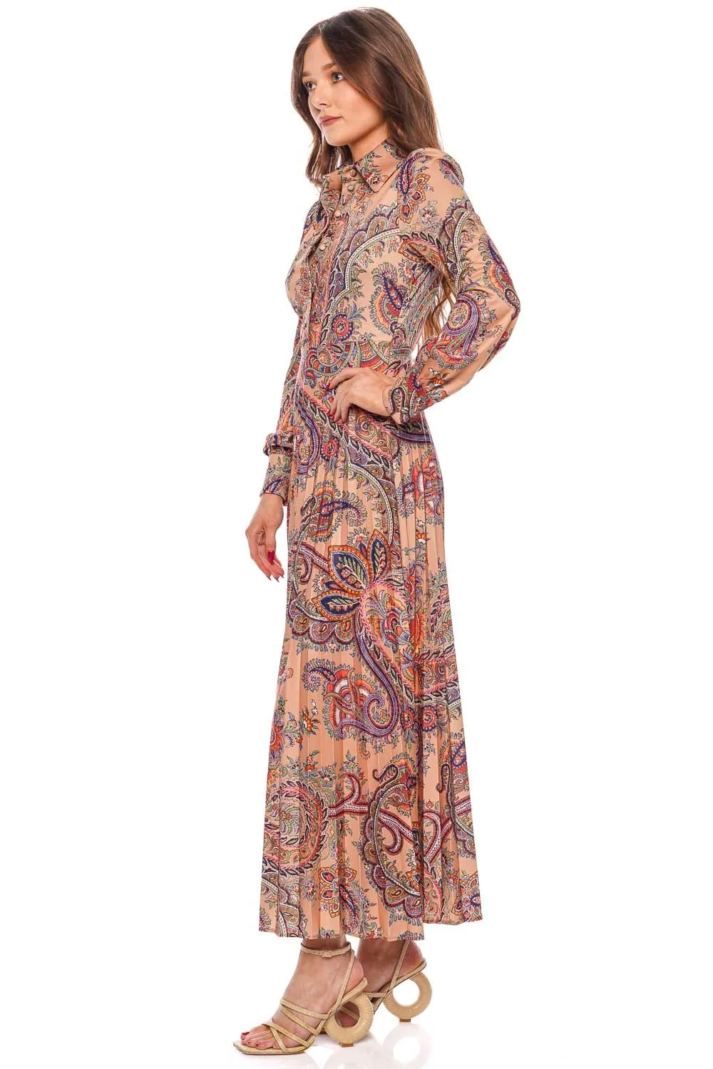 Paisley Pleated Midi Shirt Dress