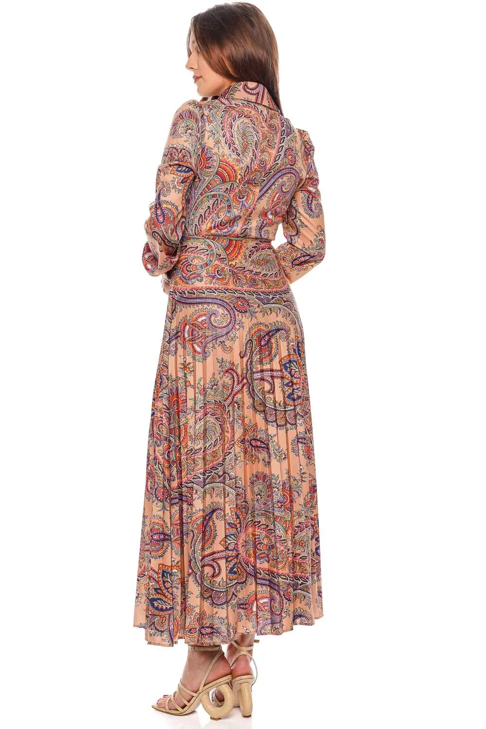 Paisley Pleated Midi Shirt Dress