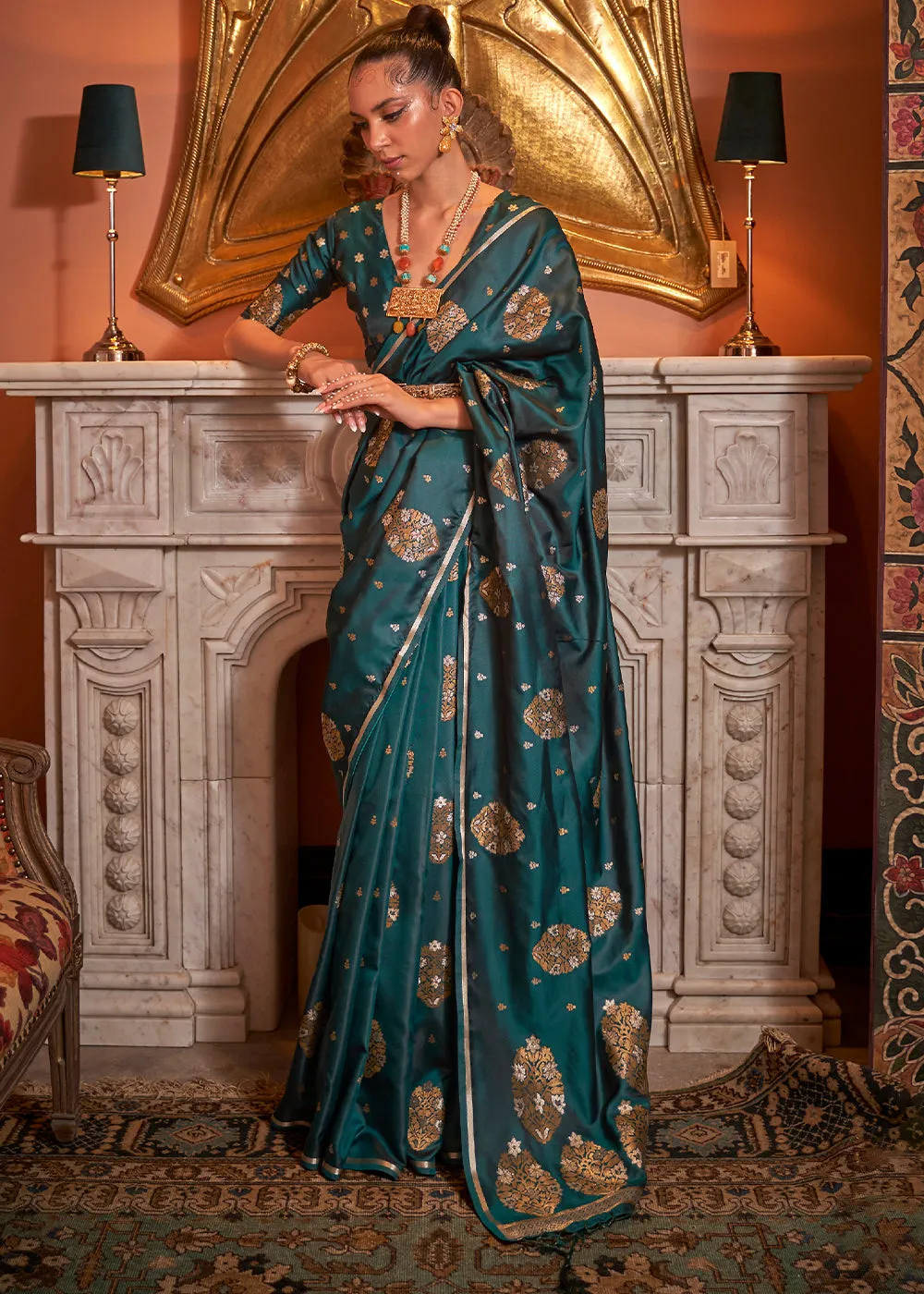 Peacock Green Copper Zari Woven Satin Silk Saree