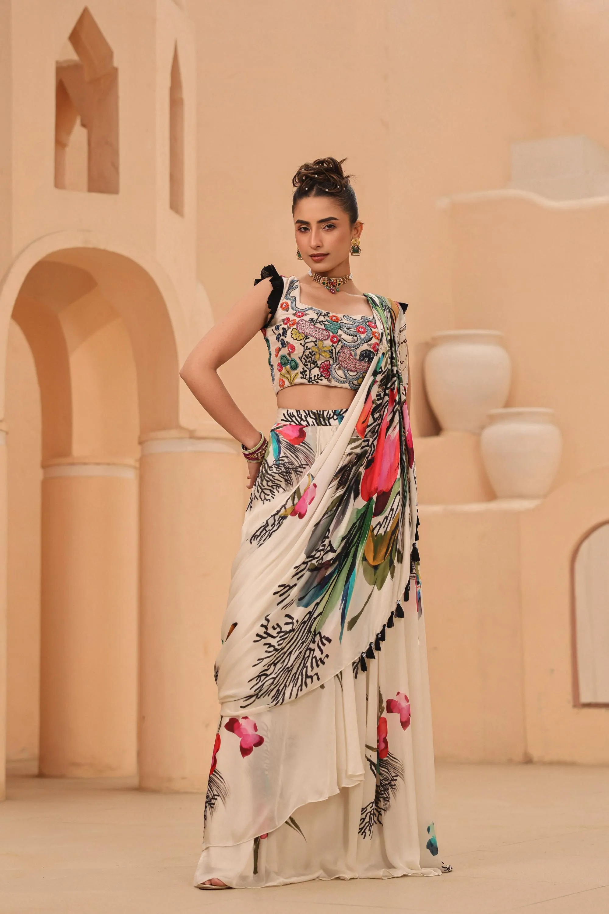 Pearl Ivory Digital Printed Satin Georgette Silk Drape Saree