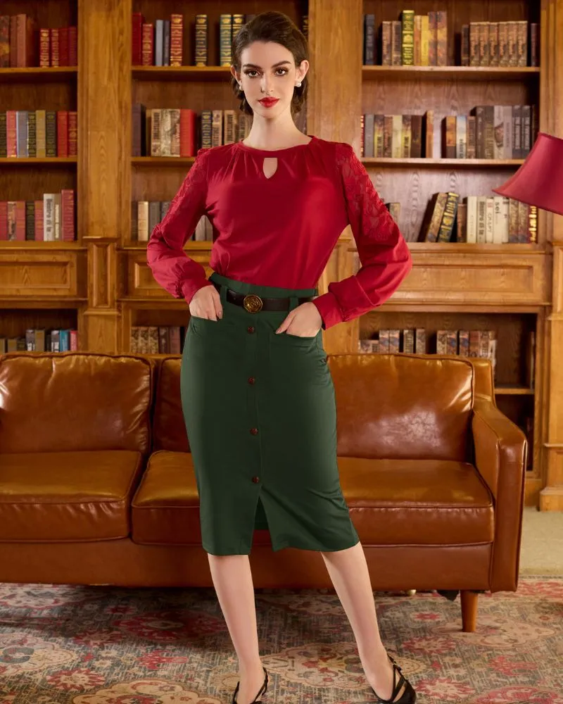 Pencil Skirt Knee Length High Waisted 1950s Vintage Office Work Bodycon Skirt with Pockets