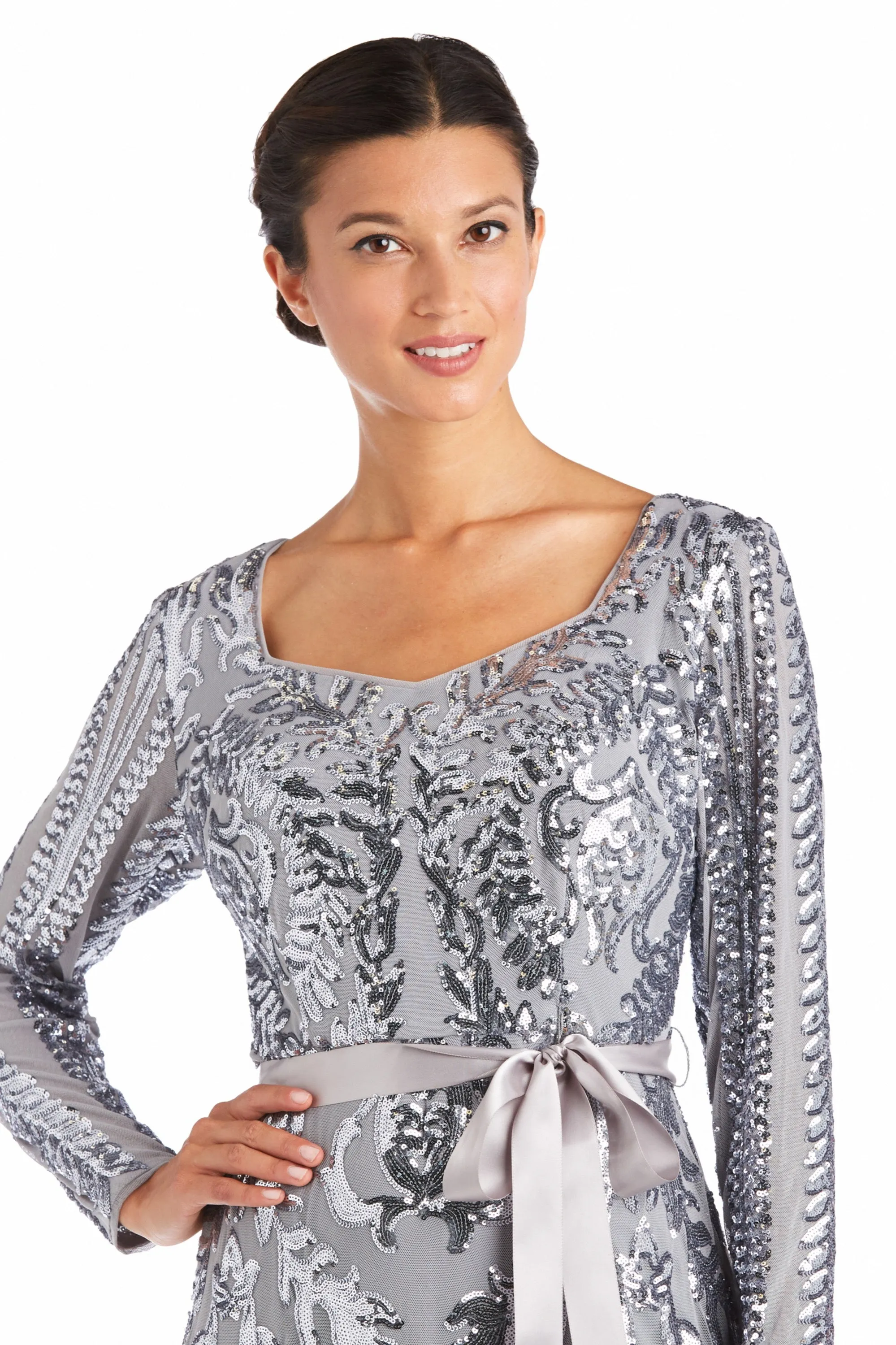 Petite Sequined Evening Gown with Long Sleeves