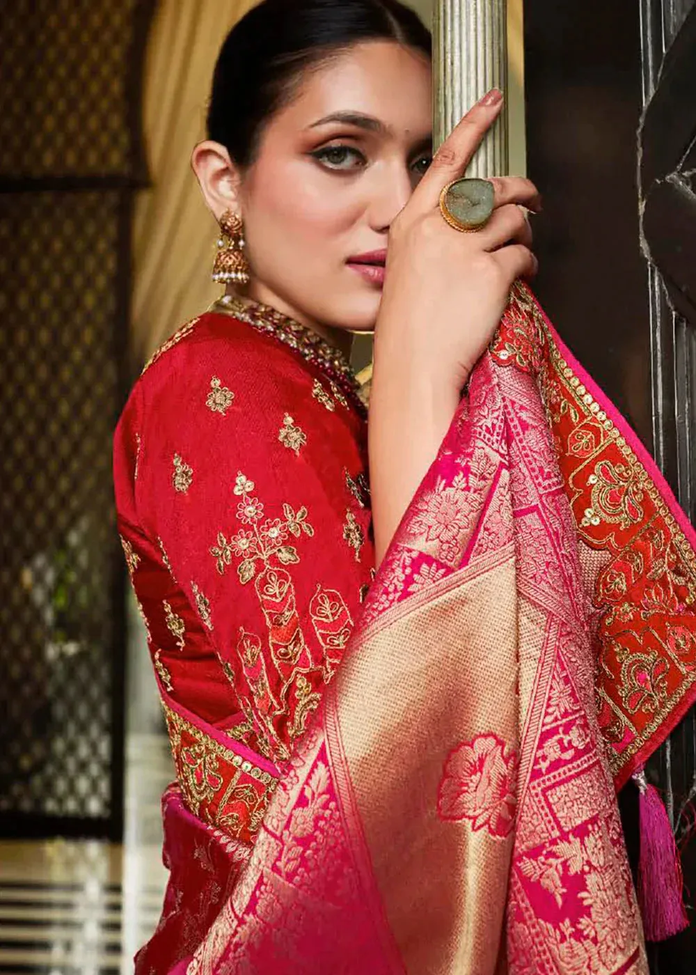 Pink & Red Zari Weaving Satin Silk Saree with Embroidery Border