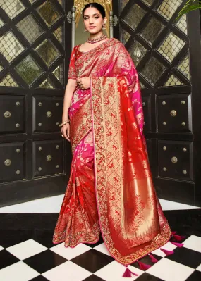 Pink & Red Zari Weaving Satin Silk Saree with Embroidery Border