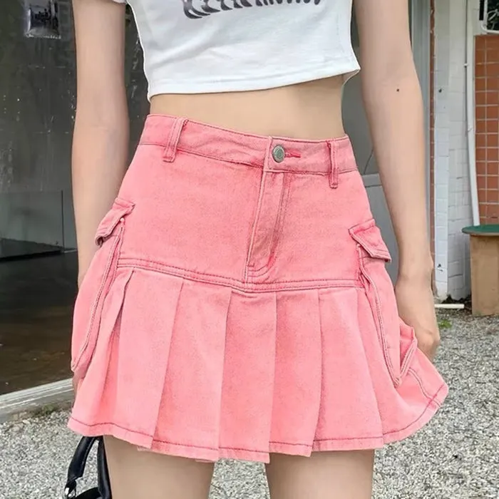 Pink Denim Cargo Mini Skirt