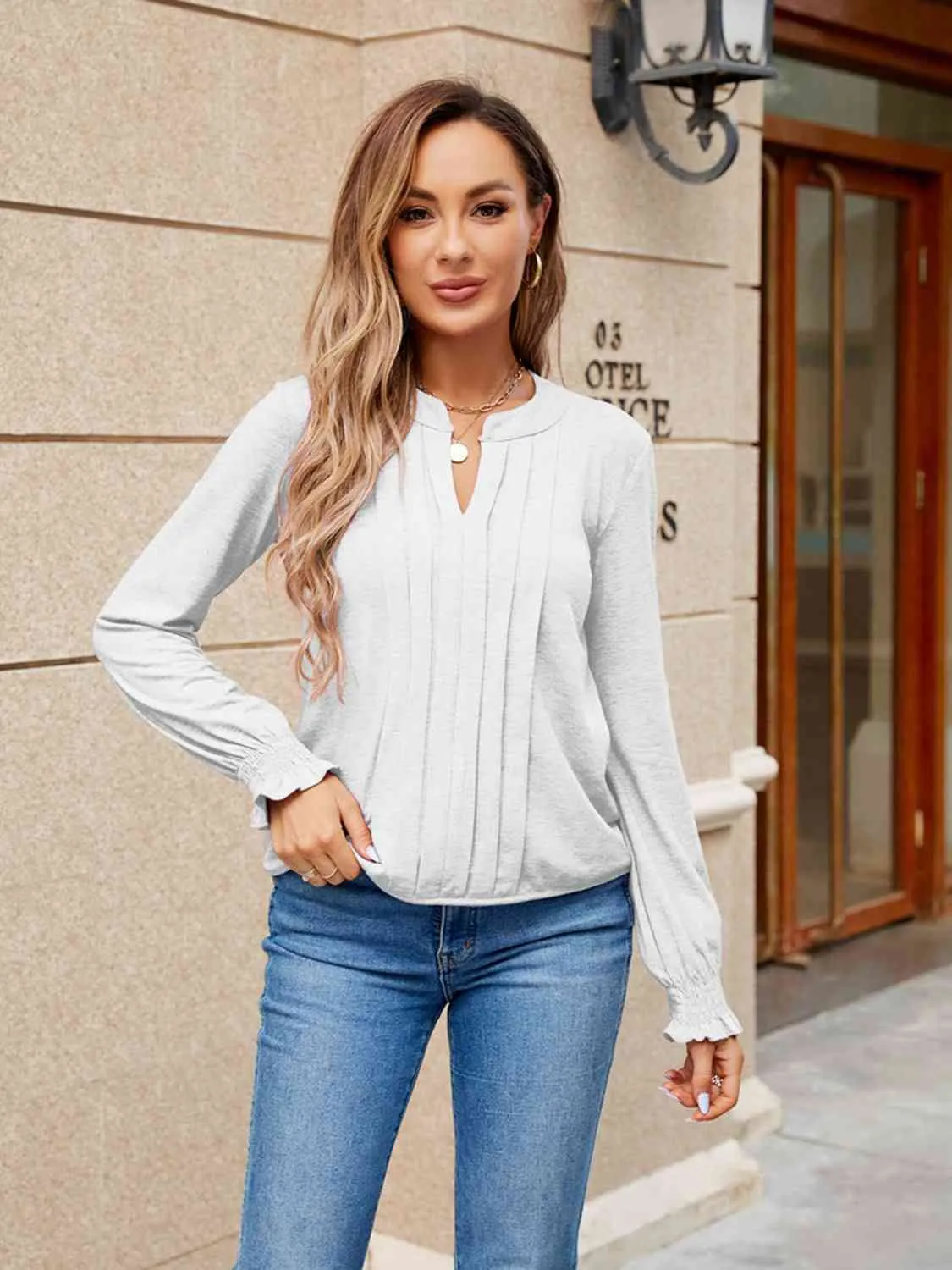 Pleated Notched Neck Flounce Sleeve Blouse