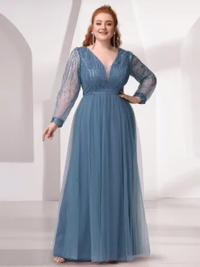 Plus Size Sequin Bodice Long Sleeve Tulle Evening Dress