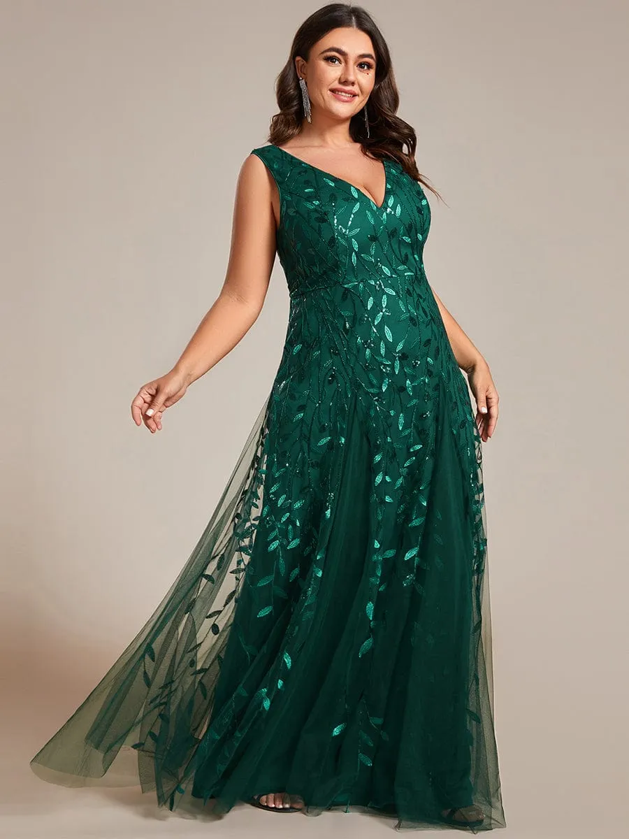 Plus Size Sparkling Sleeveless Leaf Sequin A-Line Formal Evening Dress