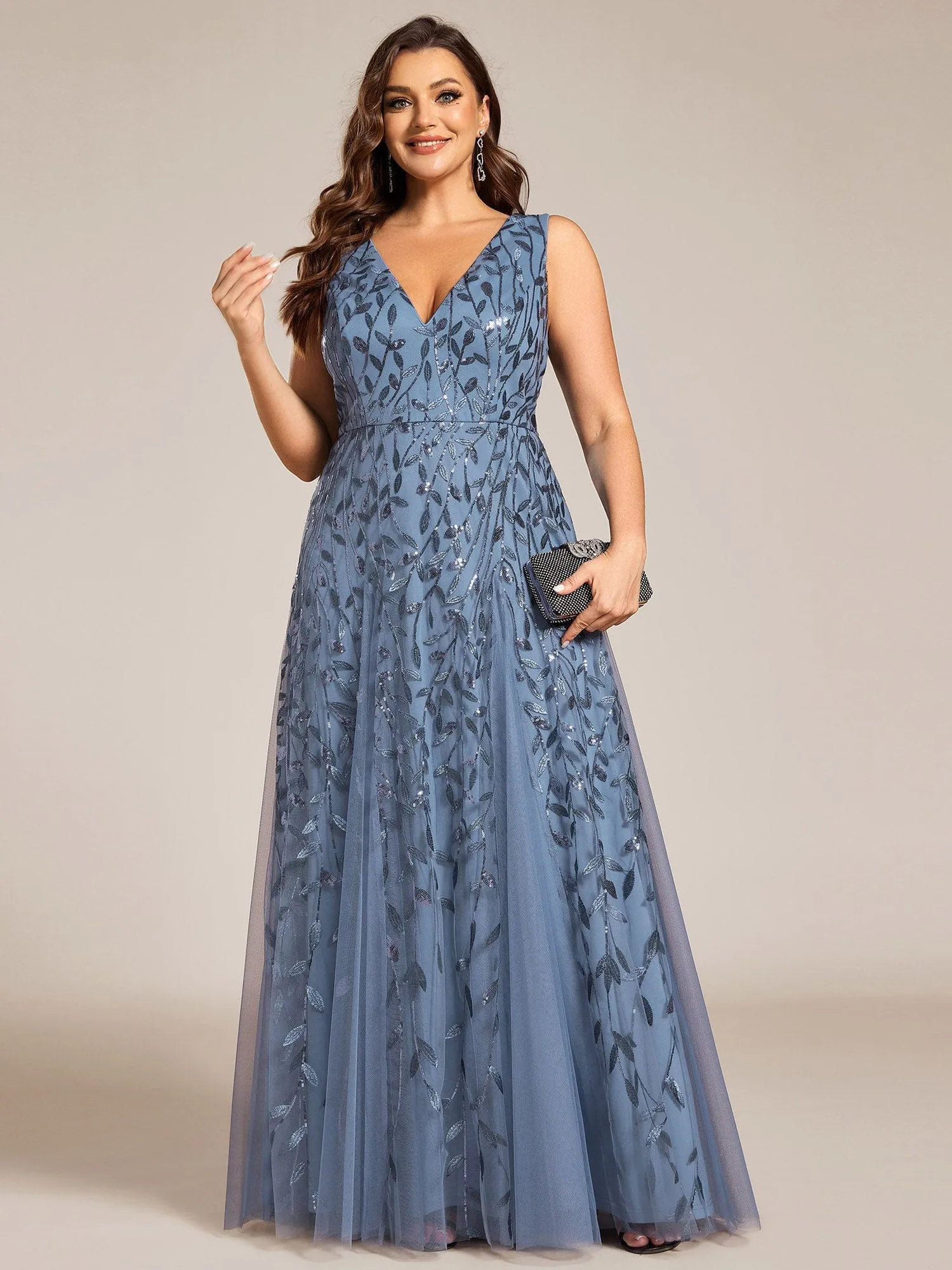 Plus Size Sparkling Sleeveless Leaf Sequin A-Line Formal Evening Dress