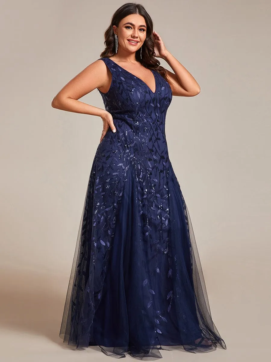 Plus Size Sparkling Sleeveless Leaf Sequin A-Line Formal Evening Dress