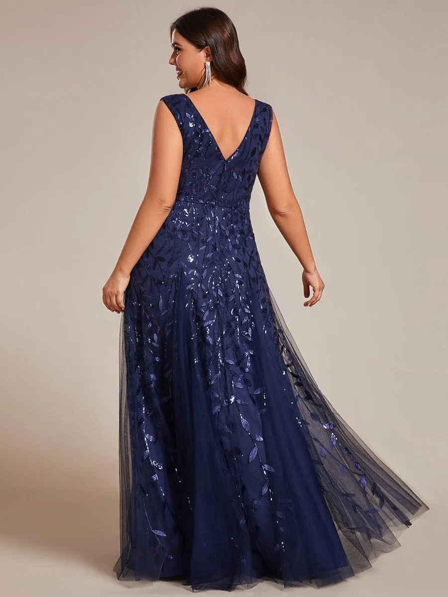 Plus Size Sparkling Sleeveless Leaf Sequin A-Line Formal Evening Dress