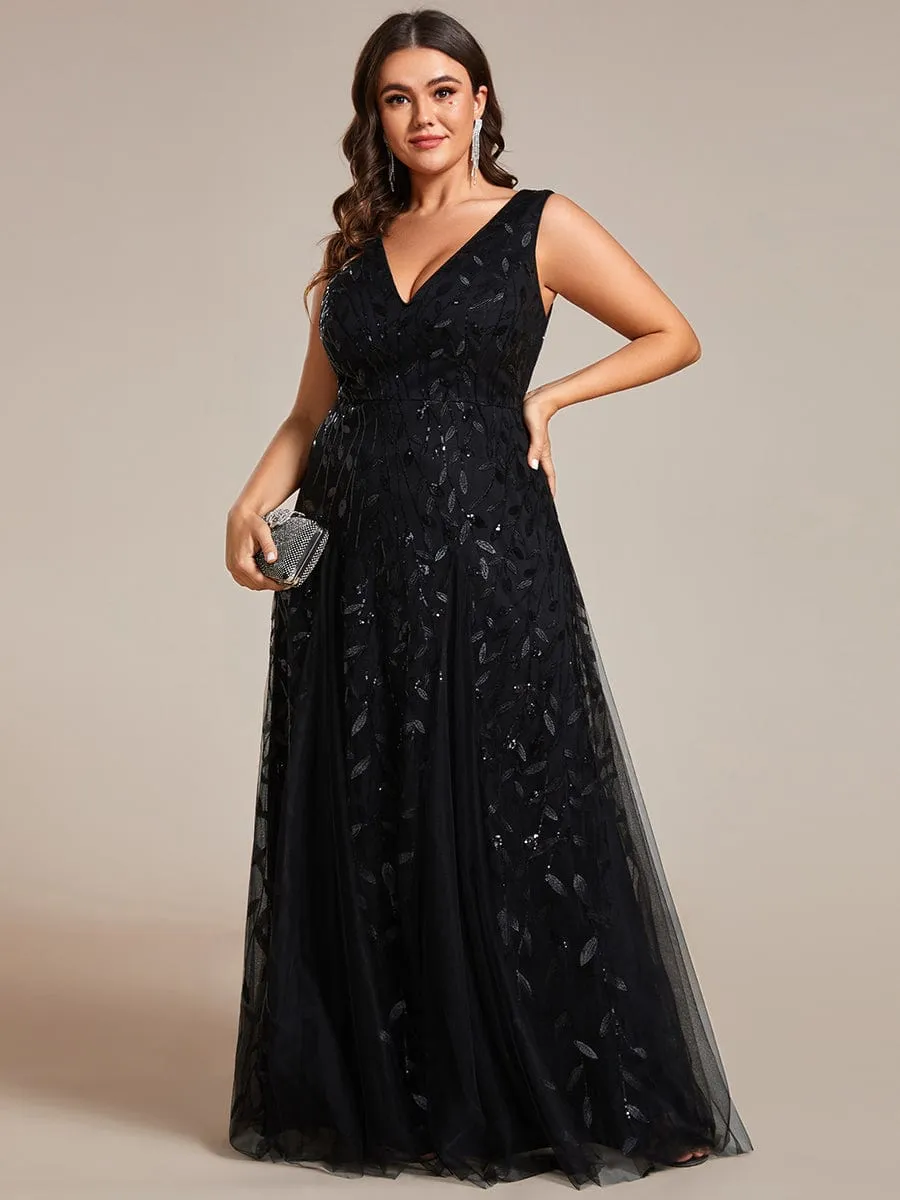 Plus Size Sparkling Sleeveless Leaf Sequin A-Line Formal Evening Dress