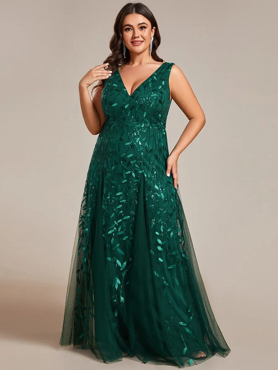 Plus Size Sparkling Sleeveless Leaf Sequin A-Line Formal Evening Dress