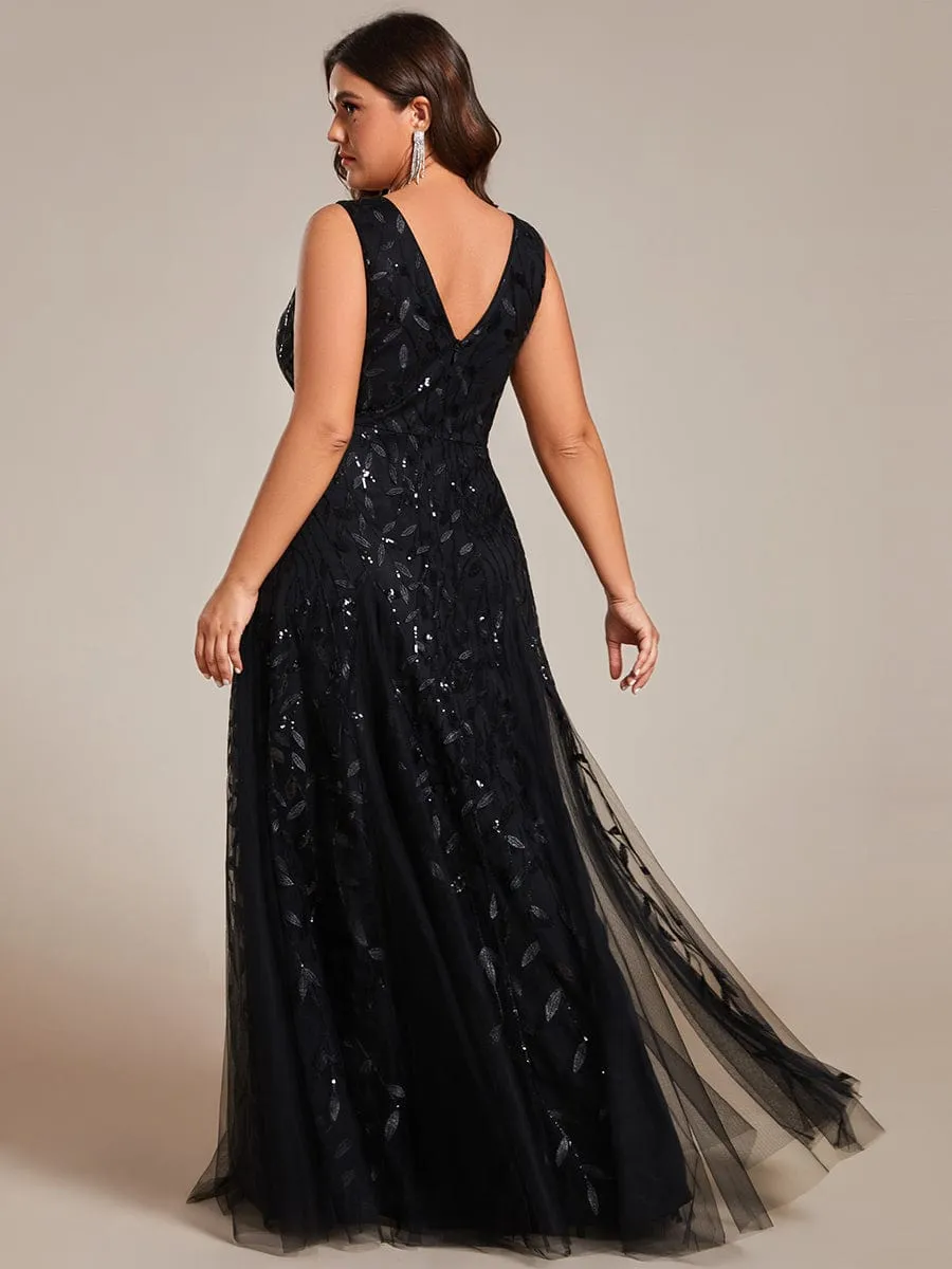 Plus Size Sparkling Sleeveless Leaf Sequin A-Line Formal Evening Dress