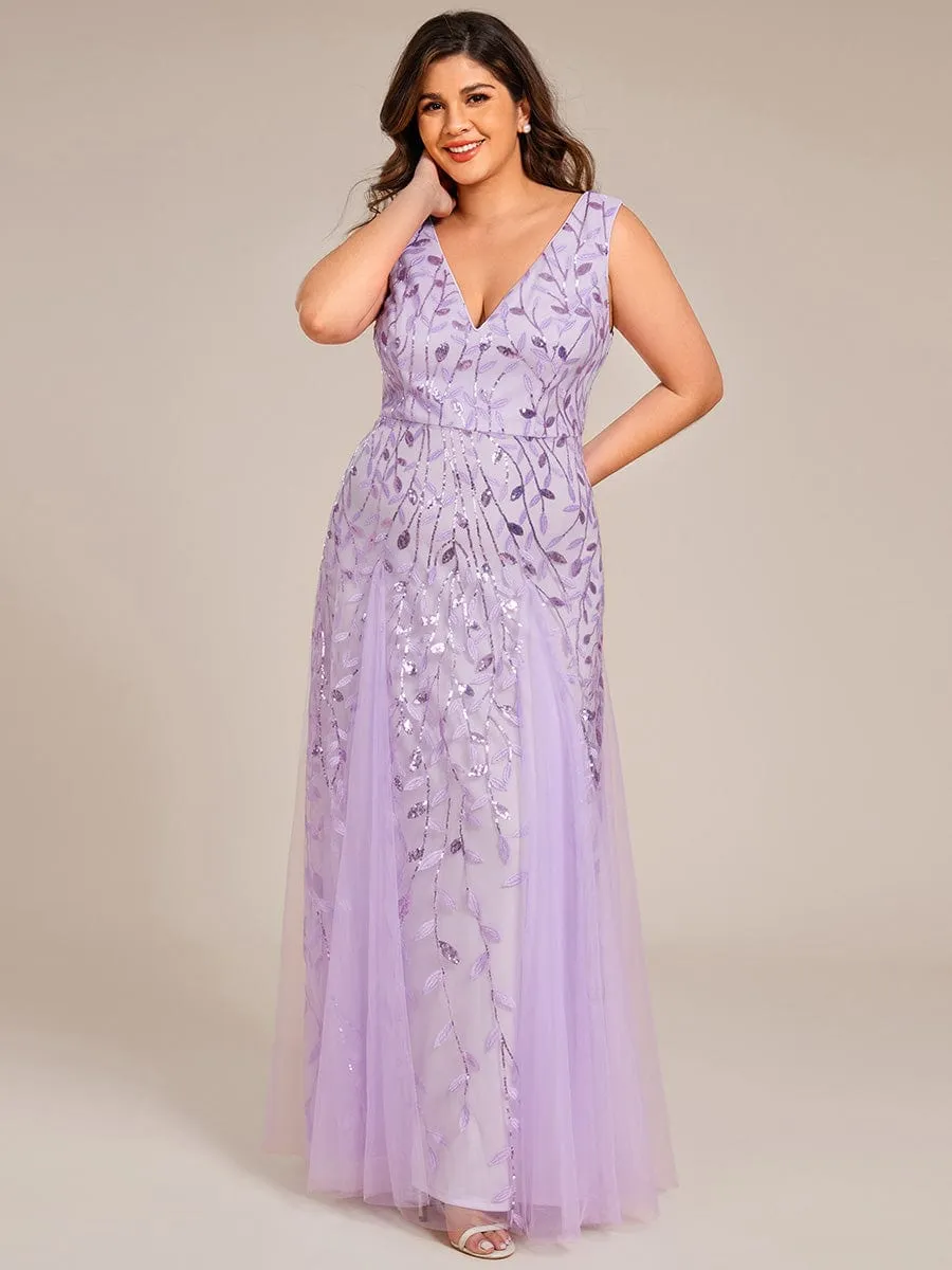 Plus Size Sparkling Sleeveless Leaf Sequin A-Line Formal Evening Dress