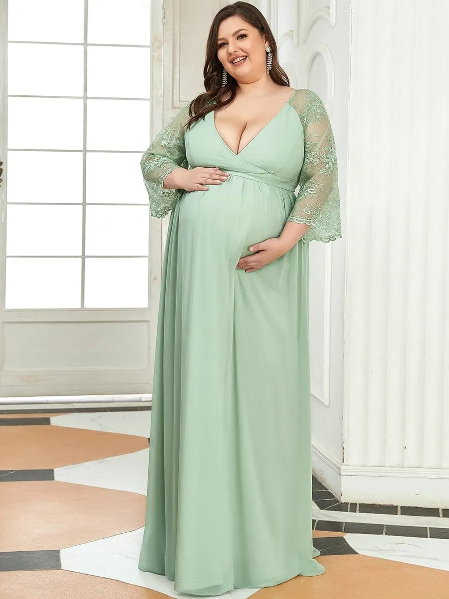 Plus Size V Neck Maternity Formal Dress with Sleeves