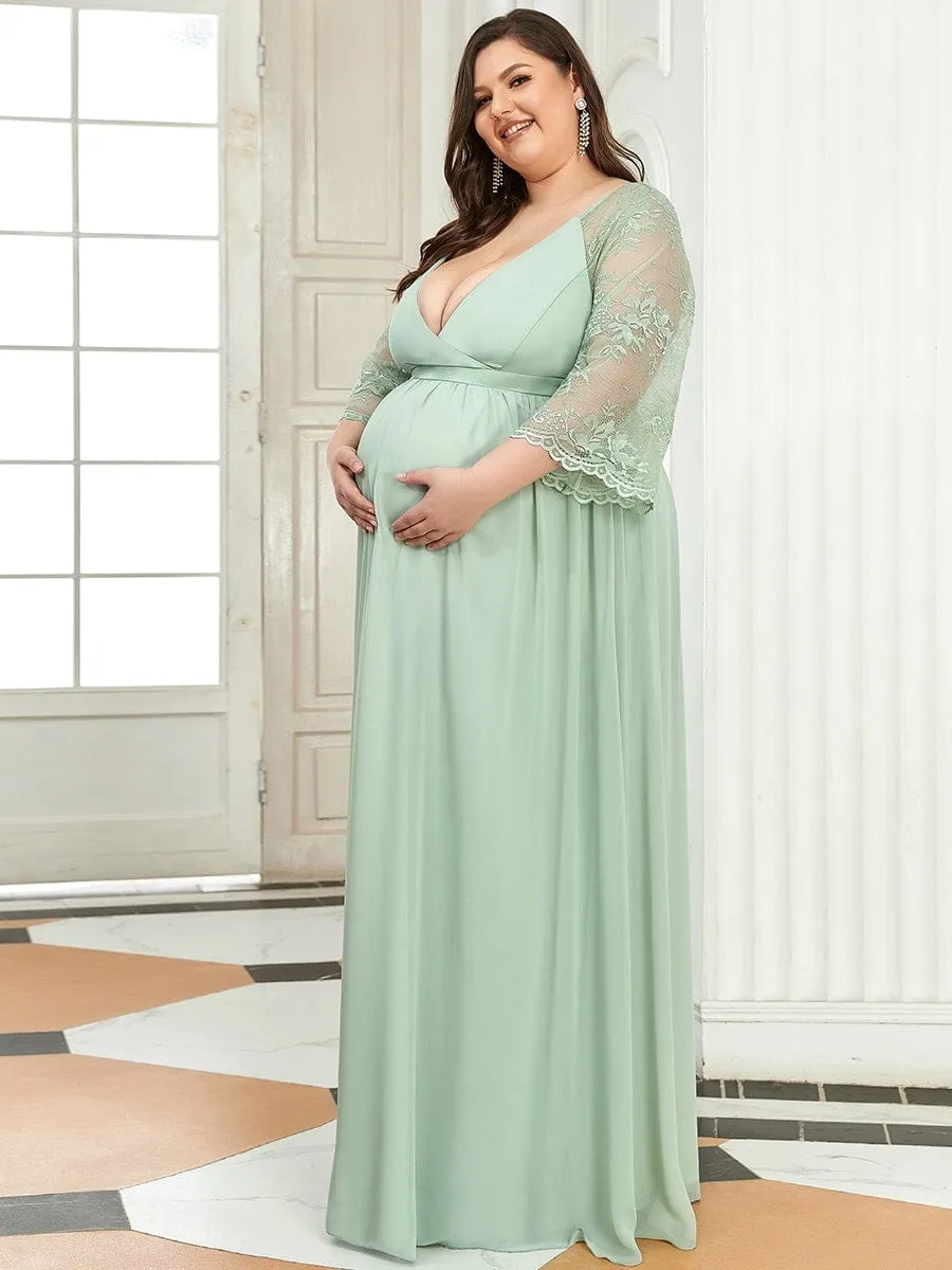 Plus Size V Neck Maternity Formal Dress with Sleeves