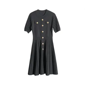 Pre Order: Solid Round Neck Gold Button A-Line Knitted Dress