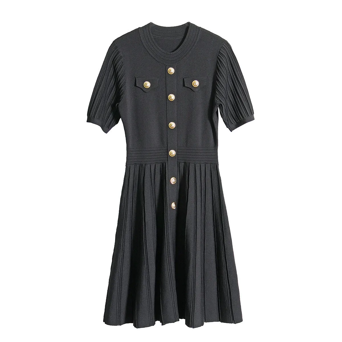 Pre Order: Solid Round Neck Gold Button A-Line Knitted Dress